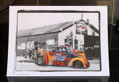 Flyin' Fyfer 50's Garage. Outlaw Anglia Drag Racing Birthday Card by LDA. C39