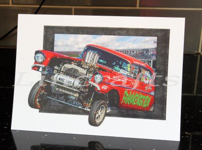 Frankenstien Gasser Drag Racing 57 Chevy Birthday Card. Auto wall art, car print by LDA. C48