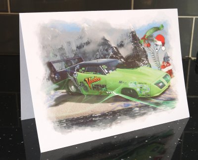 VooDoo Hemi, Plymouth Superbird Drag Racer Christmas Card by LDA XM9