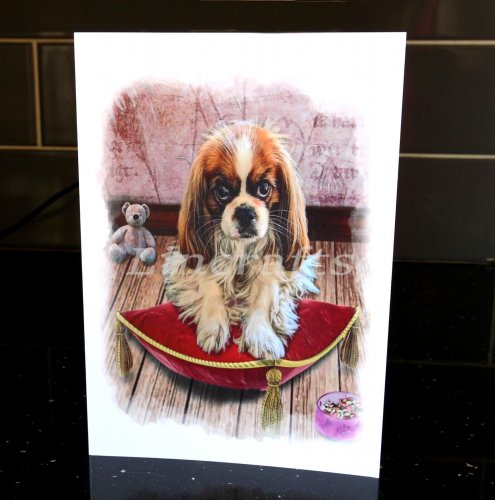 King Charles Spaniel Puppy Dog Birthday, Greeting Card. Cute pawtrait doggy art by LDA. C52