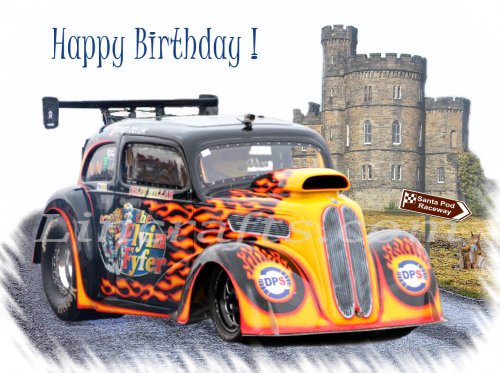 Ford Drag Racing Car Birthday Card created by LDA. Flyin' Fyfer. C14