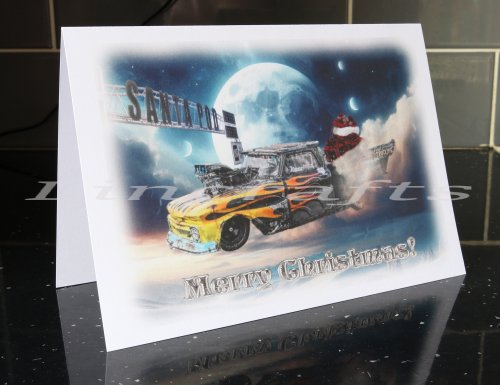 Fast Freddy Chevy Pick-up Truck Drag Racing Christmas card by LDA. XM3