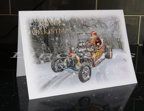 Fast Freddy's Ford Model T Drag Racing Christmas Card by LDA. XM6