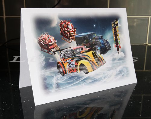 When Santas Race! Drag Racing Christmas Card by LDA. XM5