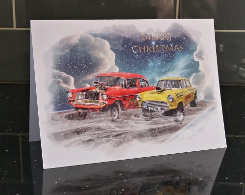 Roaring Rat & Henry Hirise Drag Racer Christmas Card by LDA. XM13