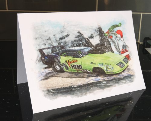 VooDoo Hemi, Plymouth Superbird, Mopar Drag Racer Christmas Card by LDA XM10